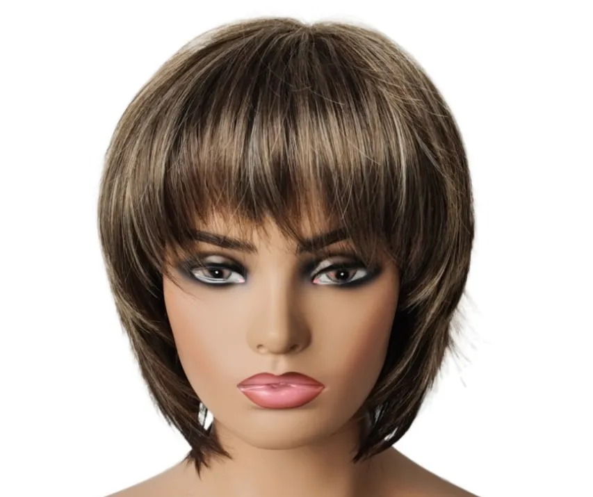 2021 new fashionable ladies' wig manufacturers directly sell mixed color straight hair, air bangs and short curls