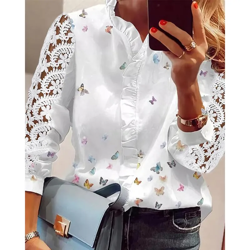 Femmes Blouses Chemises À Manches Longues Femmes Élégantes Tops À La Mode Garniture Casual Dentelle Blouse Papillon Imprimer Automne Printemps Vêtements