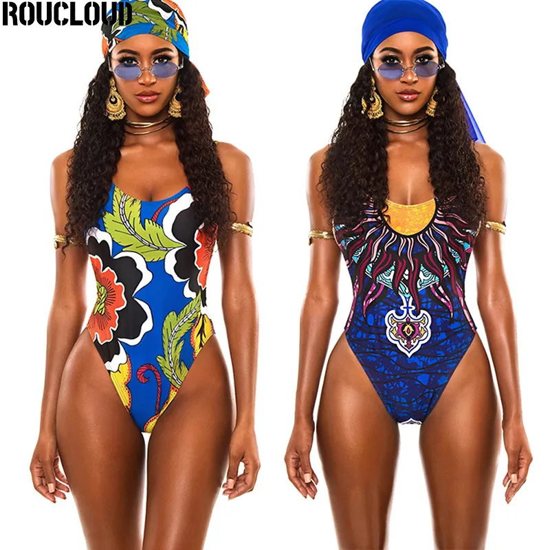 2020 طباعة الأفريقية قطعة واحدة ملابس السباحة ملابس النساء الإناث العميق الخامس الرقبة ضمادة المايوه monokini البرازيلي trikini ثونغ T200708