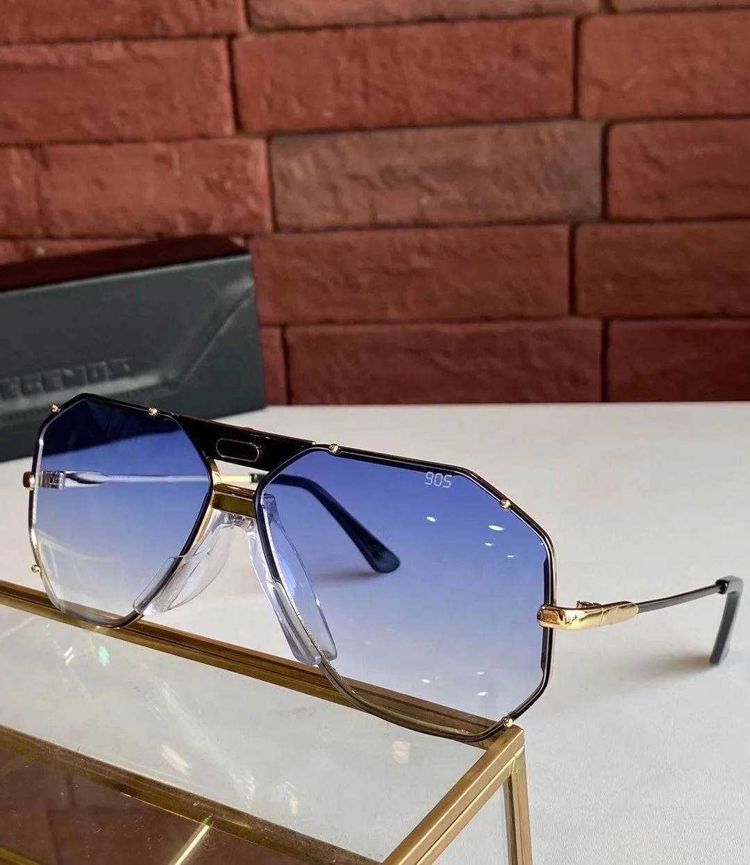 خمر 905 النظارات الشمسية الذهب الأبيض الإطار الأزرق التدرج عدسة للجنسين نظارات الشمس ظلال UV400 حماية مع مربع