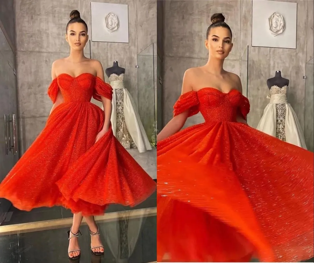 2022 Robes de bal rouge sur l'épaule tulle longueur de thé scintillant sur mesure une robe de bal de balle soirée de soirée Ocn formel vestido 403 403