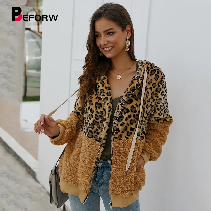 BEFORW Fashion Leopard Corduroy Jacket Coat Women Vintage Zipper Hooded Long Sleeve Winter Thick Jackets Streetwear Coats T200212