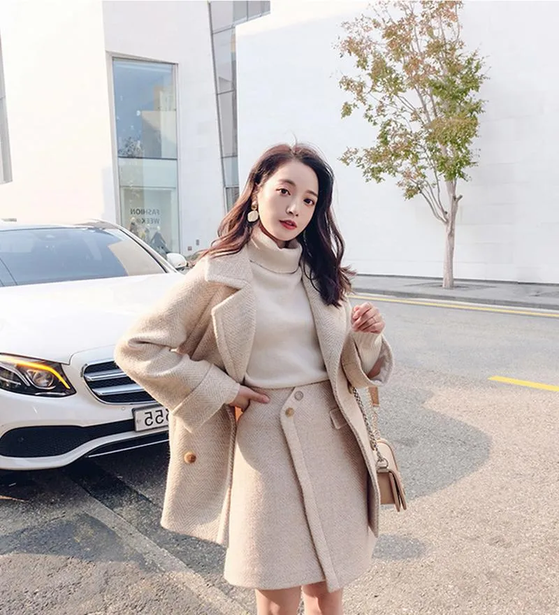 Spring Women Wool Coat With Skirt Two piece Sets Solid Button Pocket Long Sleeve Women Jacket And Warm Coat Female Overcoat