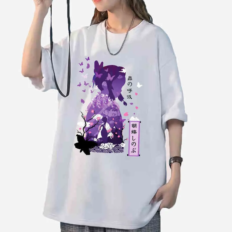 Demon Slayer Shinobu Kochou Tshirt Kimetsu No Yaiba Impression T-shirts Manga Dessin Animé Graphique T-shirts Chemise Femmes 100% Coton Tops G220310