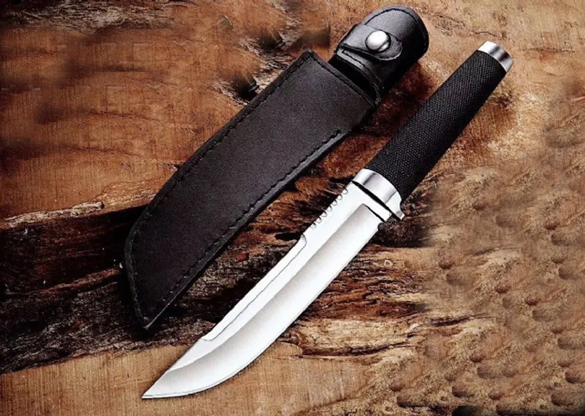 Utomhus Man Survival Straight Kniv VG1 San Mai Steel Drop Point Satin Blade Knivar med lädermantel