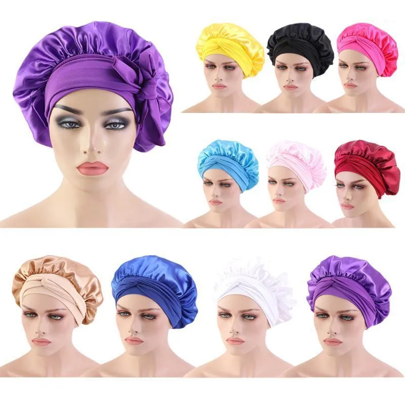 Mütze/Schädelkappen Frauen Satin Haar Motorhaube Silk Night Sleep Cap Care Duschhut Langer Heck Kopf Wickel Schal Turban Verlust Cover Warp1 Warp1