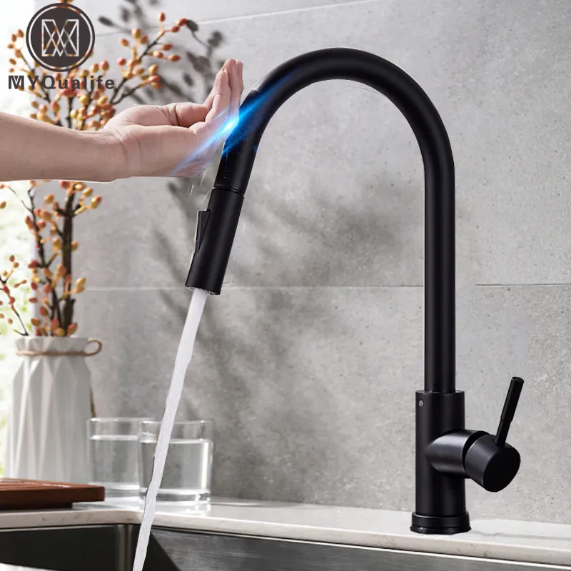 Dra ut sensorn Svart Kök Kran Känslig Touch Control Faucet Mixer för Kök Touch Sensor Kök Mixer Tap T200710