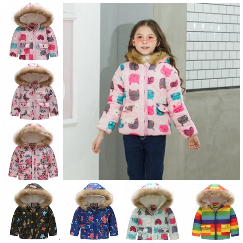 Baby Girls Coats Fur Hoodie Toddler Jacka Tjockerad Printed Children Billy Outwear Designer Kids kläder 14 Design Valfri BT4380
