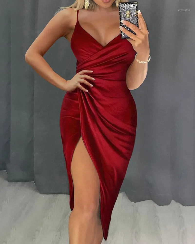 Casual Dresses 2021 Women Fashion Elegant Party Solid Sleeveless Cocktail Red Dress Sexy Ruched High Slit Wrap Midi Spaghetti Strap