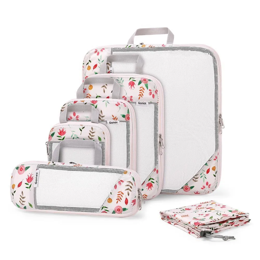 Gonex 6pcs Travel Compression Packing Cubes Set Water Repellent Polyester Flower Printed Travel Clothes Organizers Luggage Bags T2262O