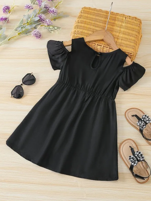 knee length dresses for ladies Girls Cold Shoulder Ruffle Long Sleeve Flowy Knit Dress Blue / L
