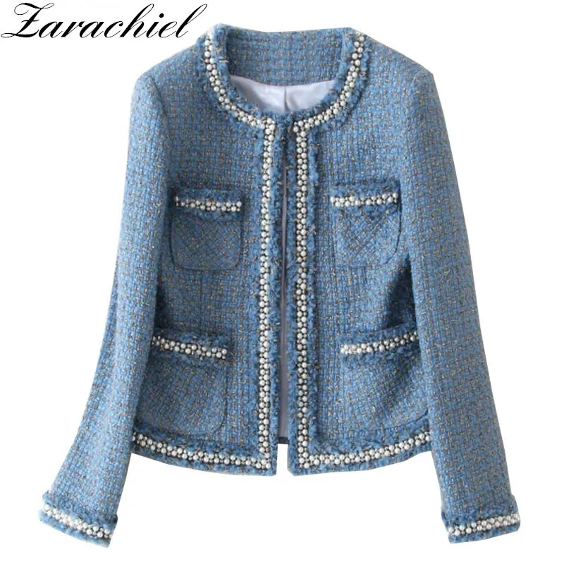 Zarachiel Blue Tweed Jacket Coat Autumn Women's Beading Long Sleeve Woolen Fringed Trim Tassels Pearl Pocket Runway Jacket 201029