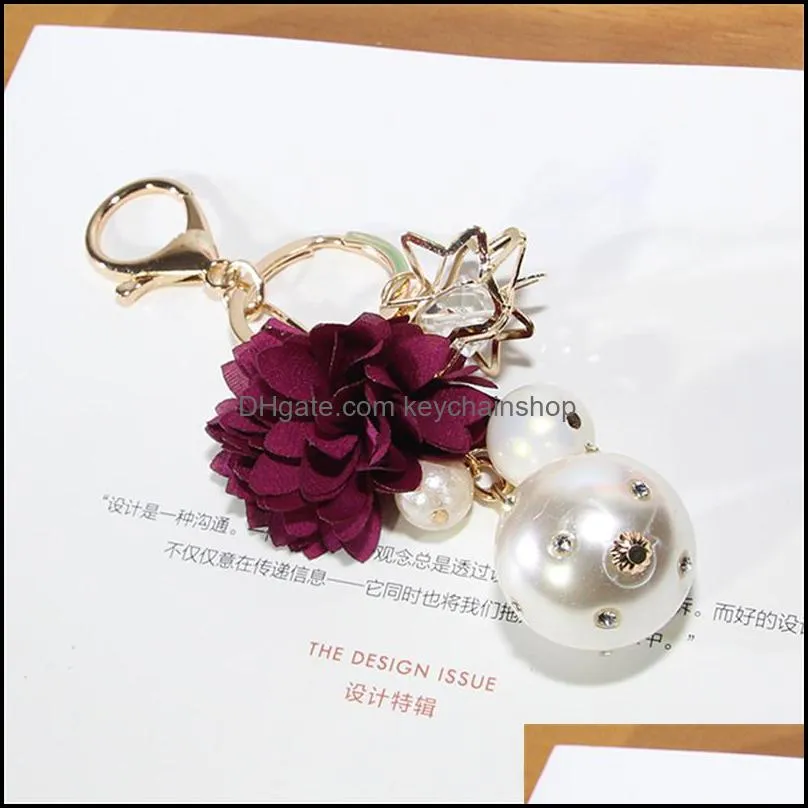 Creative Rose Rhinestone Key Chain Female Sweet Five-pointed star Bag Pendant Fashion Car Keychain Charm Pearl Flower Key Ring