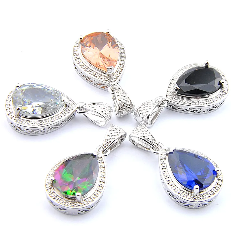 Mix 5pcs Rainbow New Luckyshine 925 Sterling Silver Bluzzling Drop Black Onyx Morganite Topaz Halsband Pendants för Lady Party Gift