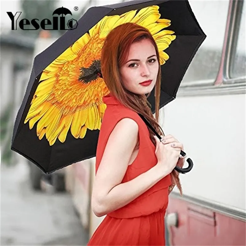 Yesello C 핸들 우산 반전 된 접이식 반대 우산 더블 레이어 반전 된 방풍 비 자동차 우산 여성 201112