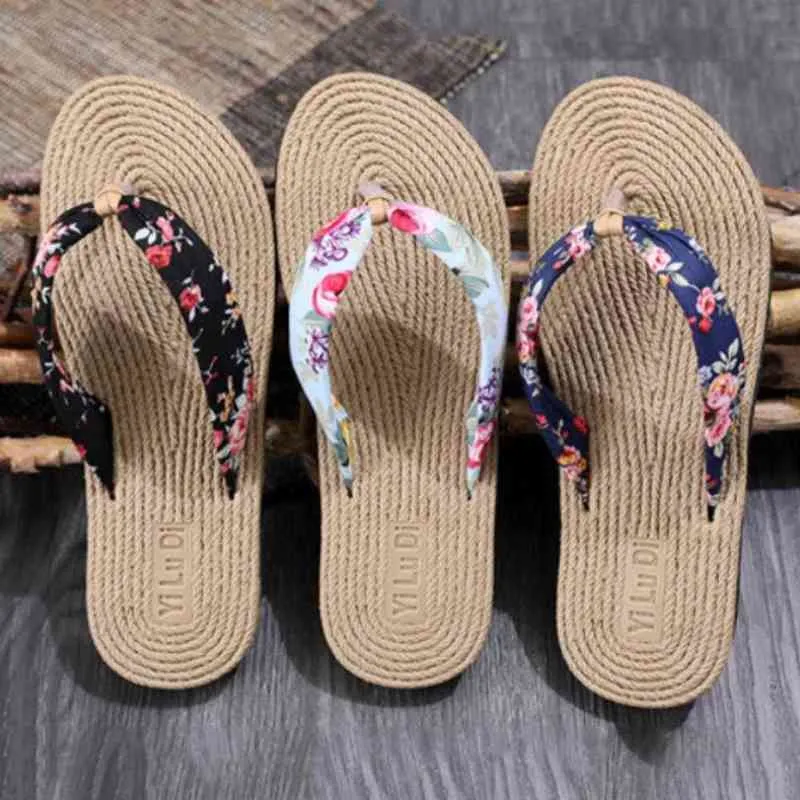 Zapatos de mujer Chanclas florales de verano Sandalias de playa Tangas Zapatillas Sandalias Imitación Cuerda de cáñamo Chanclas de viaje Fondo plano Y220221