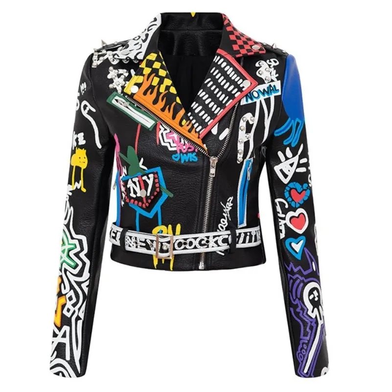 Remache con cuentas Pu chaqueta de cuero mujer Graffiti estampado colorido chaquetas y abrigos de motociclista PUNK chaqueta de calle 220217