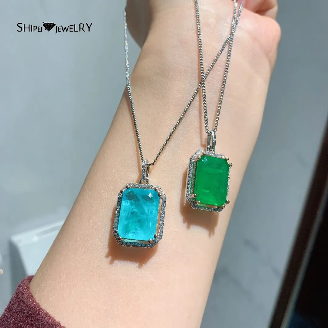 Shipei Luxury 925 Sterling Silver Emerald Paraiba Tourmaline Ädelsten Bröllop Förlovning Fina Smycken Hängsmycke Halsband Partihandel Q0531