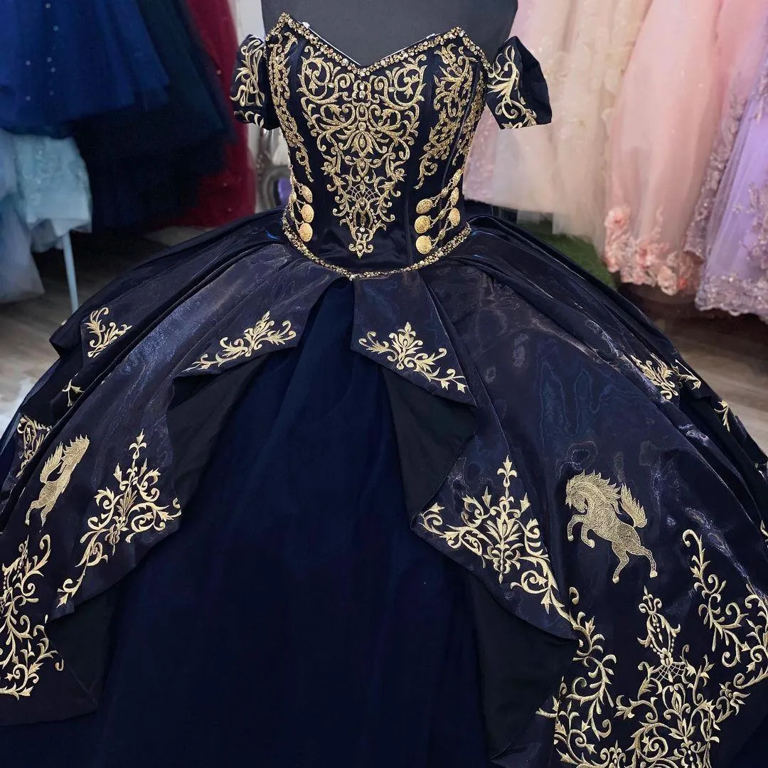 Gold Embroidered Horse Quinceanera Dresses 2023 Navy Blue Ball Gowns Off Shoulder Princess Layers Sweet 16 Dress Graduation Prom G2189