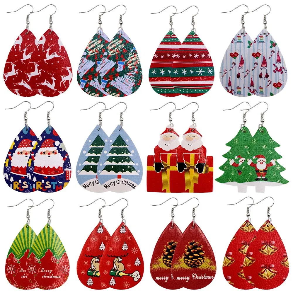 12 stijlen Nieuwe kerstornamenten Feestelijke feestgunst Kerstoorbellen Kerstsneeuwman herten Print Leren oorbellen Holiday Gift Sieraden