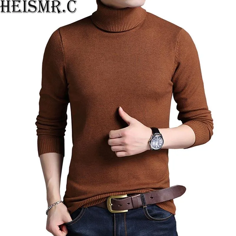 Męskie swetry 2021 Sweter zimowy Turtleneck Solid Color Casual Slim Fit Marka Dzianiny Grube Wełna Swetry HK44