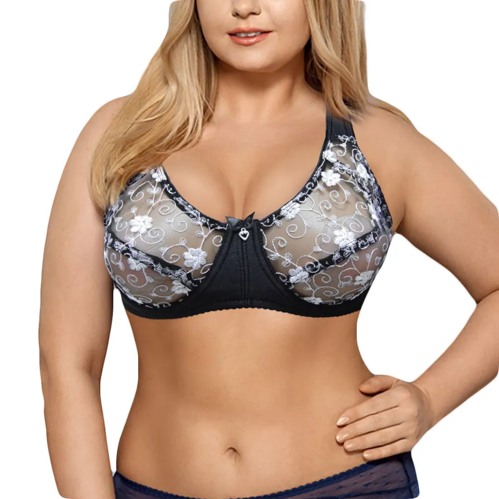 Women's Underwired See Through Sheer Bra and Panties Mesh Unlined Sexy  Floral Lace Bralettes Plus Size