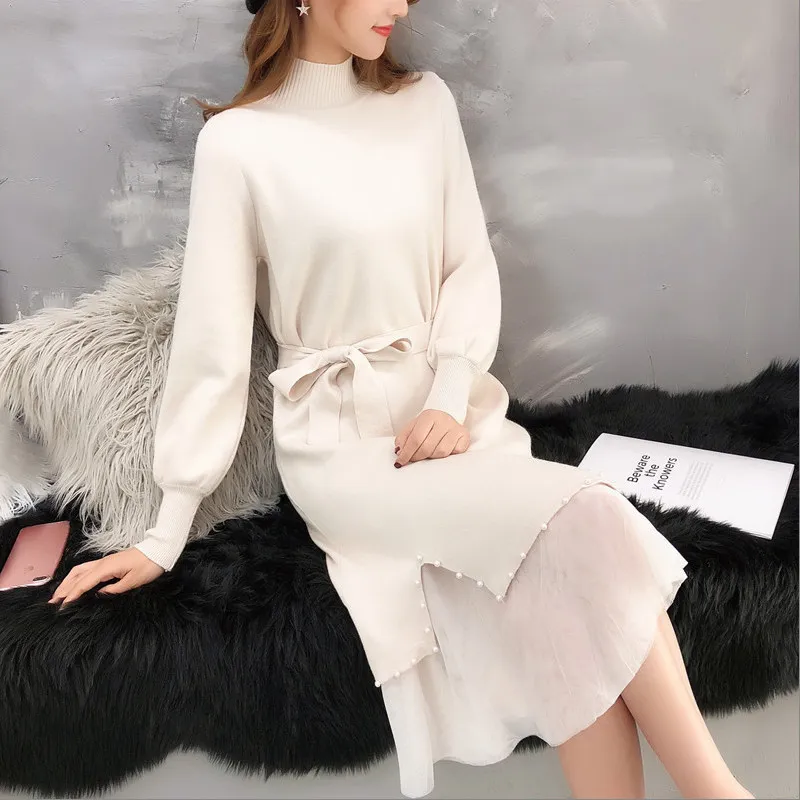Women Winter Sweater Dress Long Koran Version Of The Bottom Skirt Knitted Turtleneck Beading Ham Lace 210203