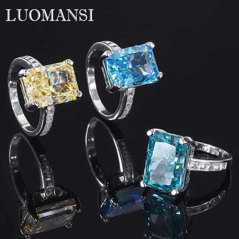 Cluster Rings DIMINGKE S925 Sterling Silver Woman Ring 10*14MM Rectangular Green Yellow Blue High Carbon Diamond Fine Jewelry Wedding Party