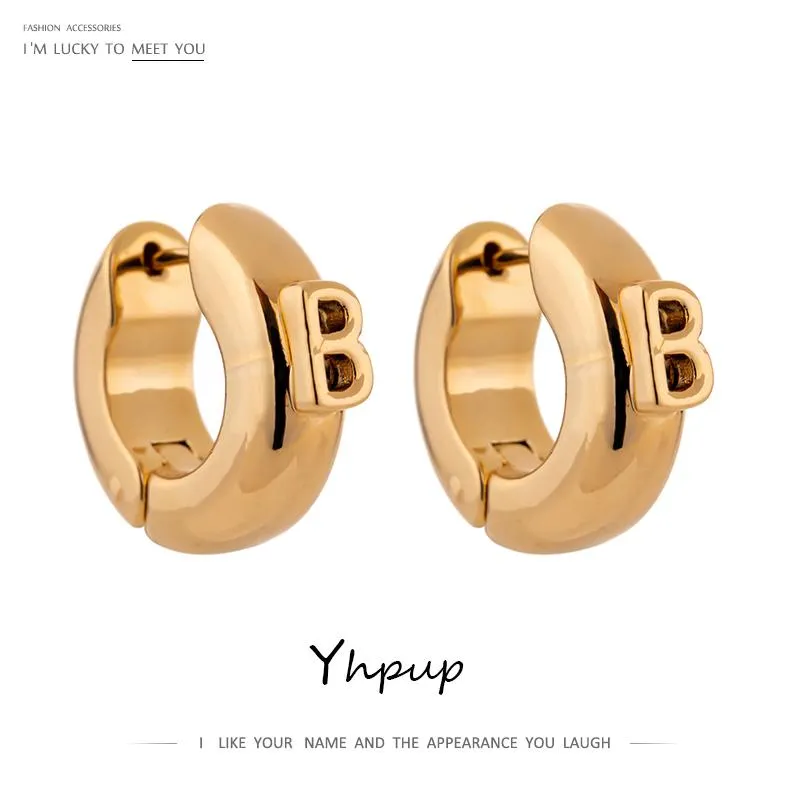 Yhpup Fashion Letter Small B Chunky Hoop Earrings for Women Simple Metal 14 K Copper Trendy Earrings Boucle D'Oreille Femme