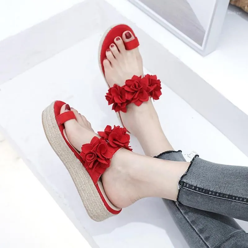 Mody kobiety kwiaty dekoracje sandały palców pętle pętla klapki kapcie platformowe buty plażowe zwykłe sandały buty platformowe 1