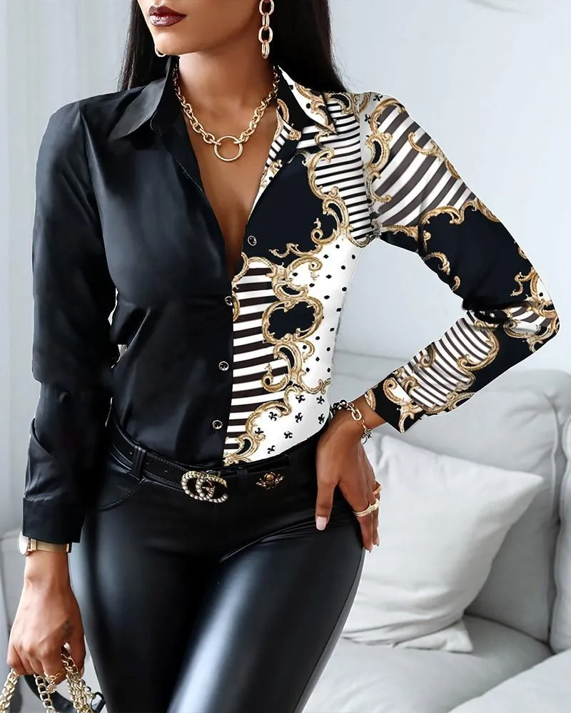 Designer Femmes Tops Bureau Work Party Blouse Impression Chemises Col En V Sexy Automne Été Chemises À Manches Longues Blanc Noir Manteaux Taille M-2XL