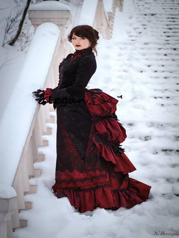 Vintage Black and Burgundy Gothic Wedding Dress Long Sleeve Victorian walking costume Bustle skirt and Velvet Jacket Bride Gowns234T