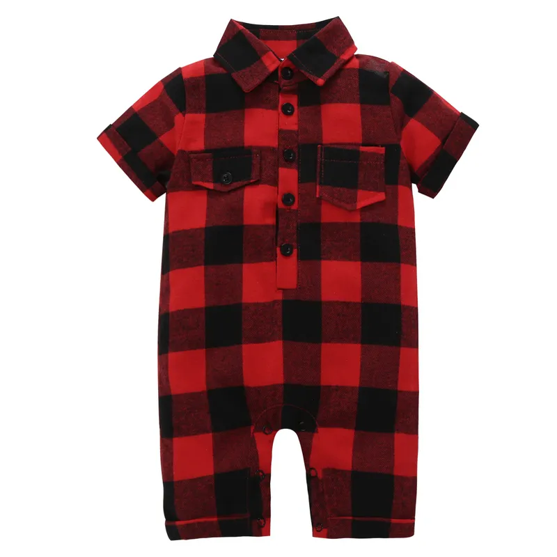 gentleman style newborn baby boy short sleeves one piece red and black plaid romper summer baby clothes