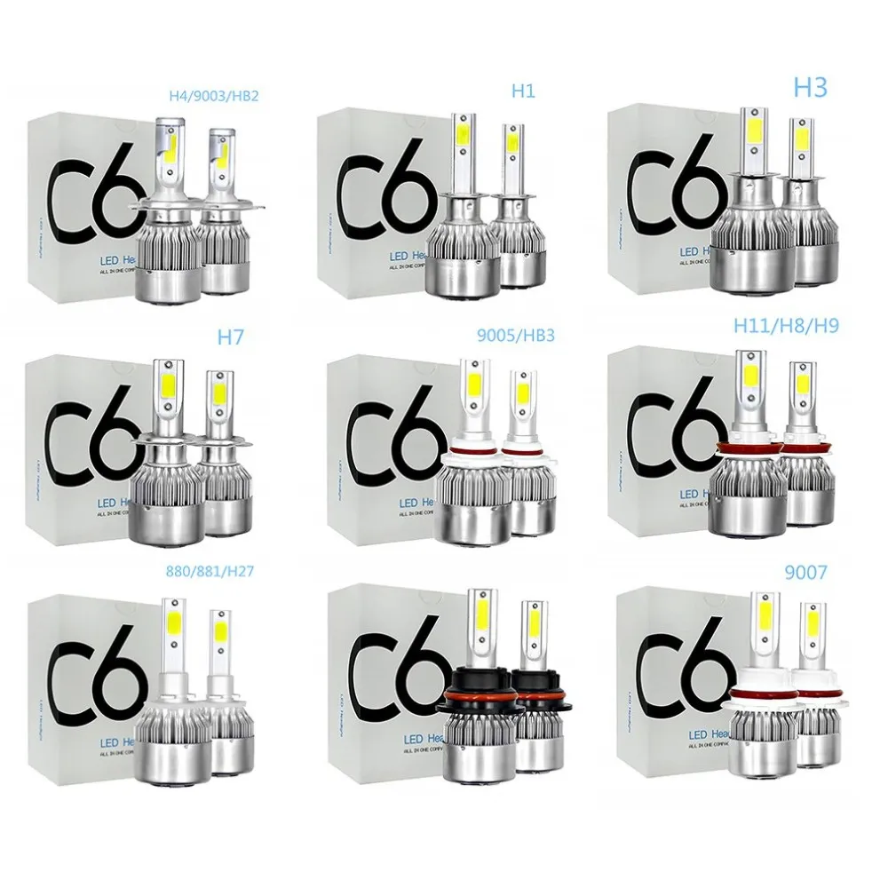 2 stks / paar 9006 C6 LED-auto-koplampen 72W 7600LM COB Auto-koplamp Bollen H1 H3 H4 H7 H11 880 9004 9005 9006 9007 Auto Styling Lights