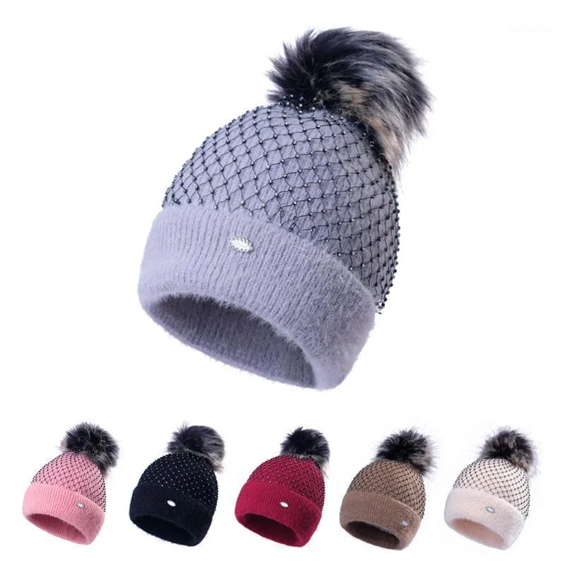 HanXi Luxury Rhestones Messy Winter Beanie Hat Womens Warm Cotton Pom