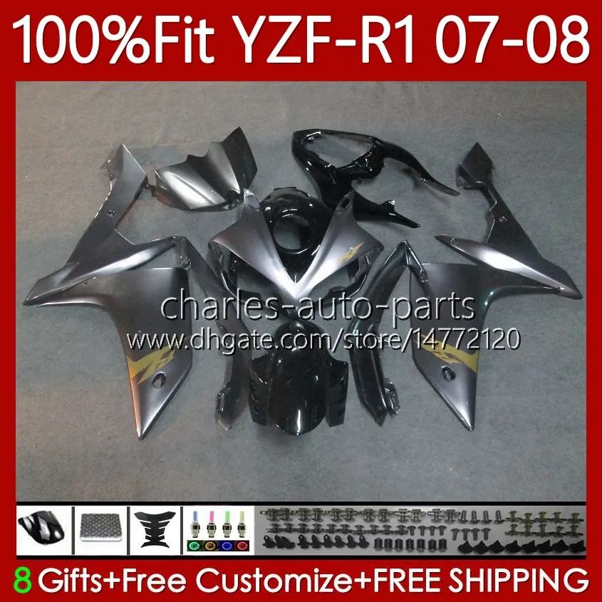 OEM FALTINGS KIT for Yamaha Fit YZF-R1 YZF1000 YZF R1 2007-2008 Gloss Silver Body 91NO.160 YZF-1000 YZF R 1 1000 CC YZFR1 07 08 1000CC 2007 2008 حقن العفن