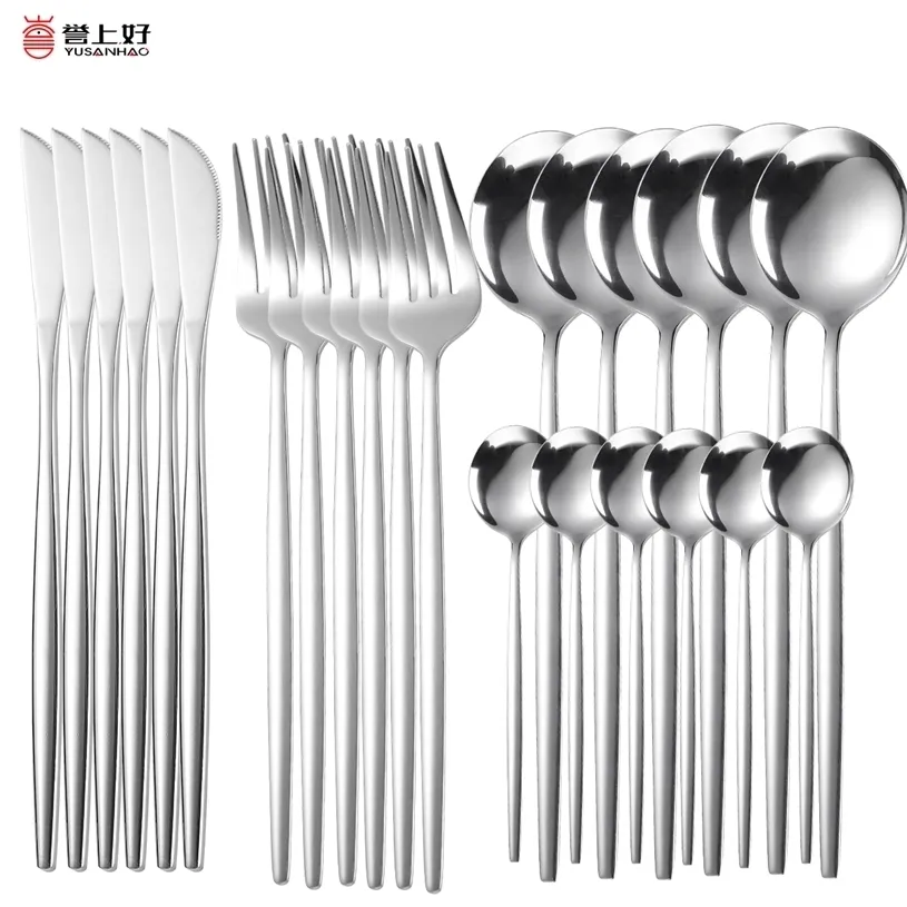 24pcs couteau en acier inoxydable fourchette cuillère à café vaisselle ensemble vaisselle en or vaisselle en argent couverts au lave-vaisselle couverts 211229