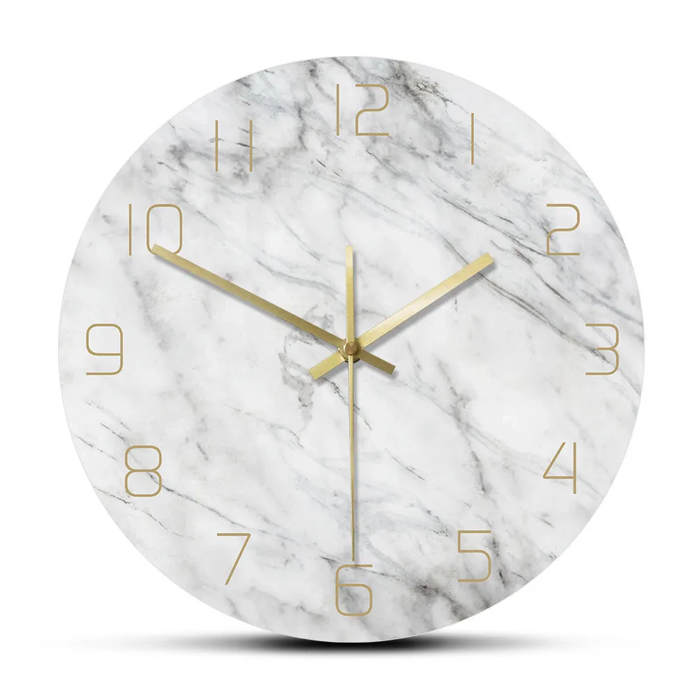 Quartz Analog Tyst Marmor Väggklocka 3D Chic Vit Marmor Tryck Modern Round Wall Watch Nordic Creativity Home Decor Fashion LJ200827