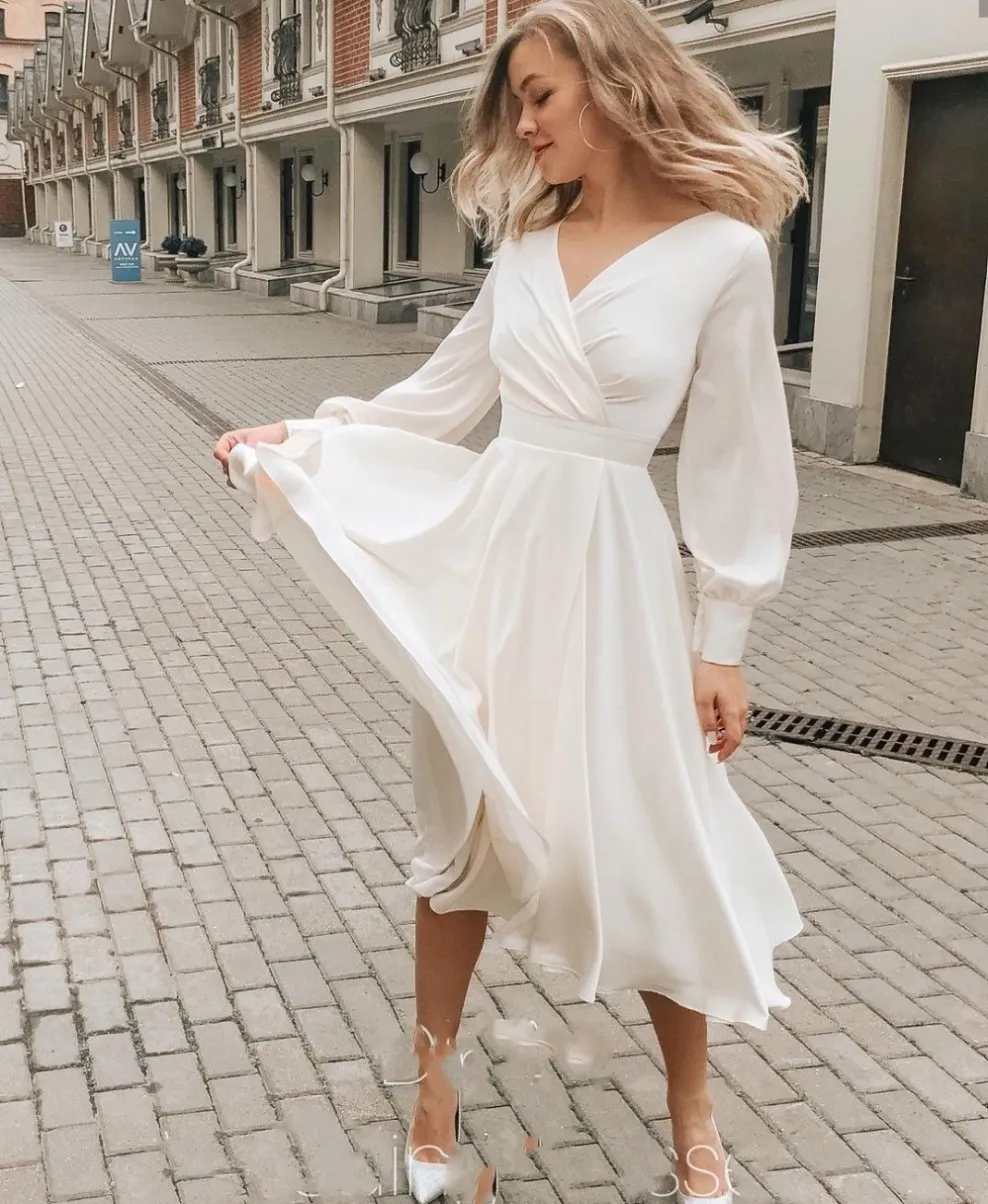 Chic Bohemian Chiffon Midi Dresses For Wedding With V Neck And