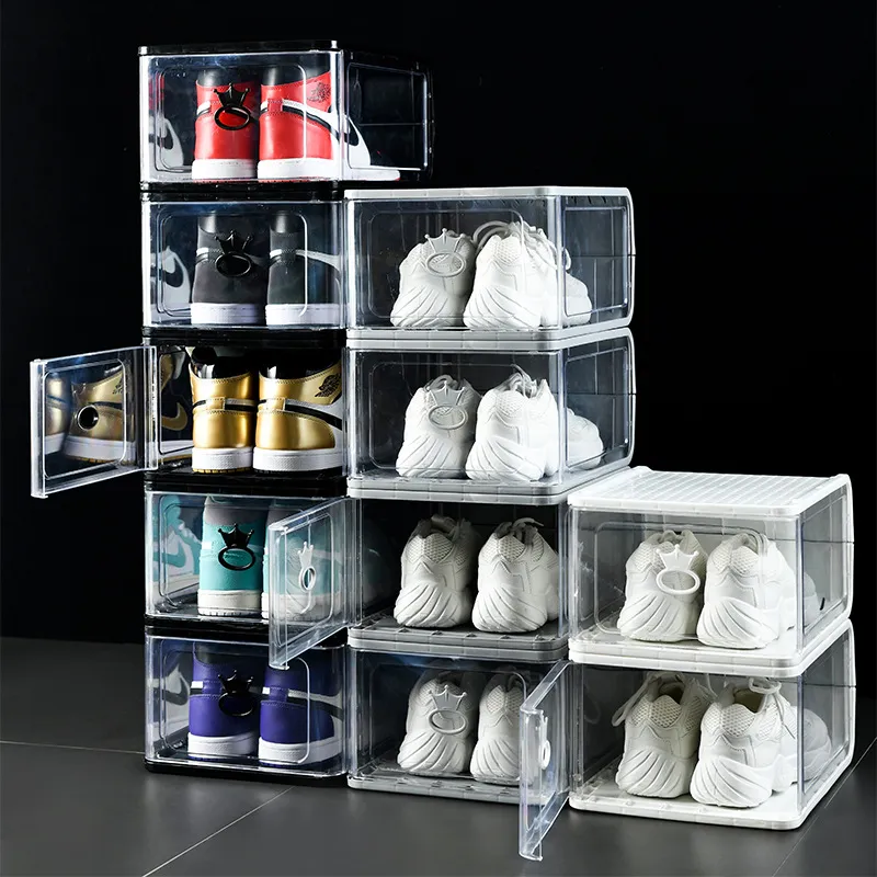 Scatola per scarpe in plastica trasparente addensata Scatola per scarpe sportive antipolvere Scatole per scarpe da ginnastica trasparenti Flip Scatole per organizer impilabili Nero Grigio Bianco