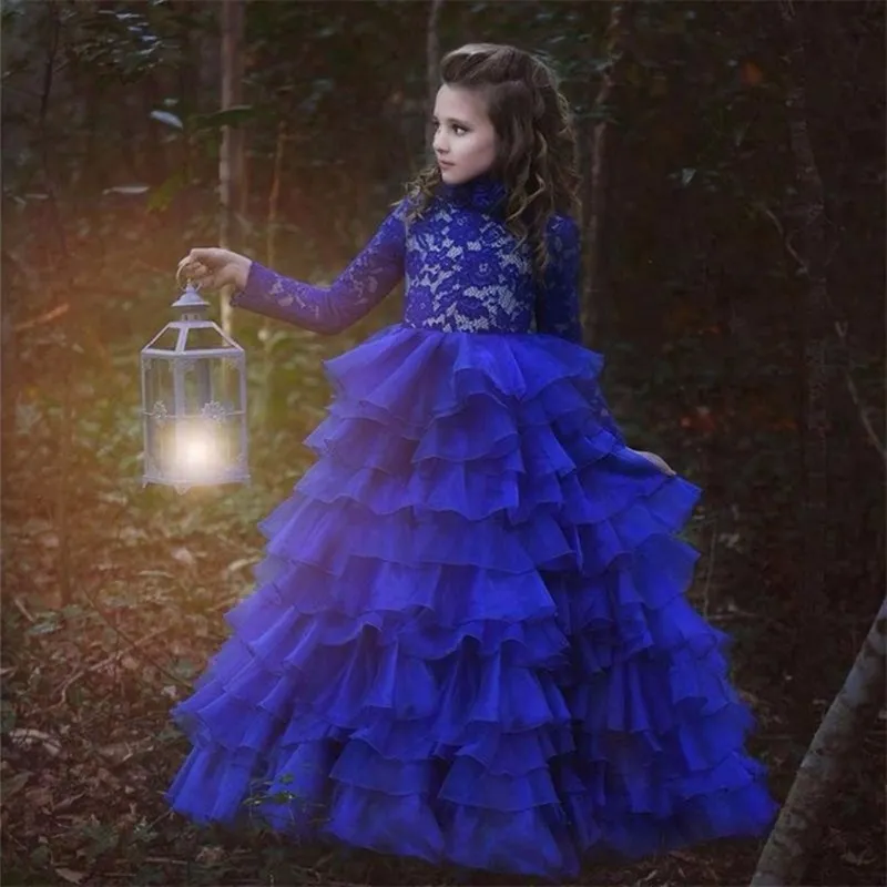 Royal Blue Tiered Organza Flower Girls Dresses Long Långärmad Puffy Toddler Pagant Klänning Juvel Neck Liten Flicka Brithday Party Gowns