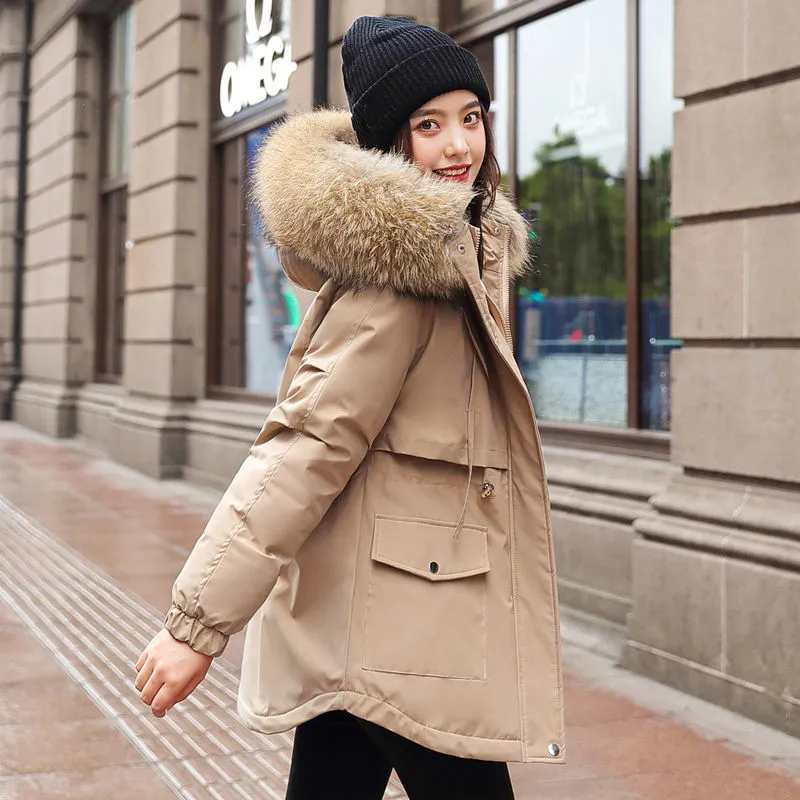 Fashionable Warm Cotton Liner Hooded Down Parkas Coat Winter Jacket Women Adjustable Waist Fur Collar Jacket Parka New 201110