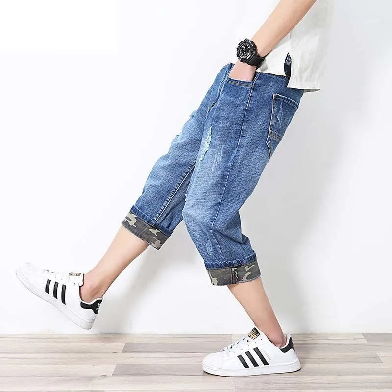 Heren jeans zomer mode mannen 3/4 lengte denim shorts broek harem hiphop elastische gescheurde broek plus size l-6xl1