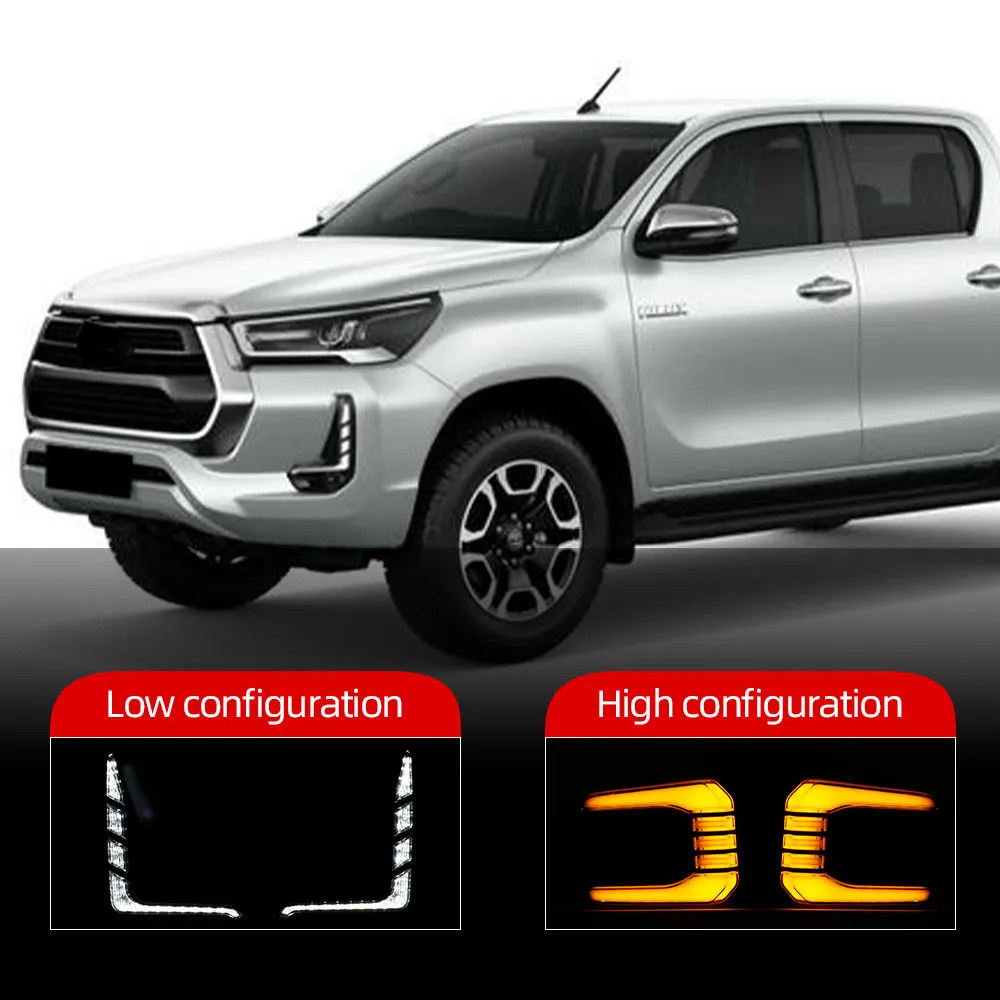 2PCSカーLED TOYOTA HILUX REVO ROCCO 2020 2021 2022ターンイエローシグナルリレー12V DRLデイライトの昼間のランニングライト