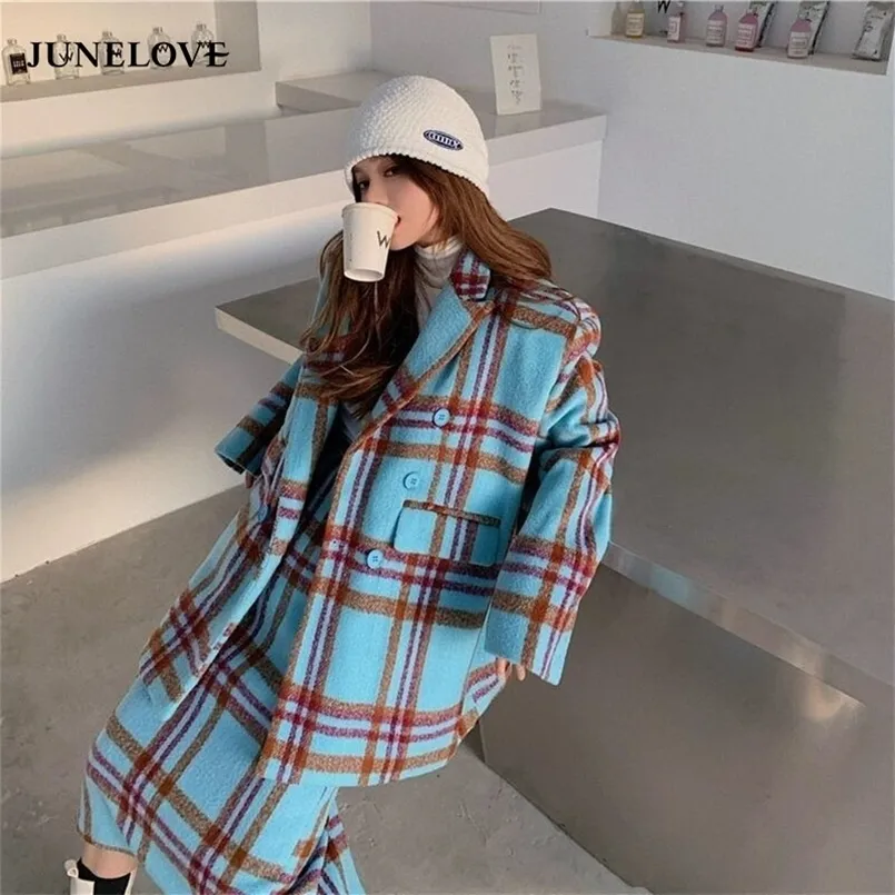 Junelove jesienna zimowa moda moda swobodna niebieska kratona 2-częściowa zestaw vintage minimalistyczny wełniany tkaninę+spódnica 220221