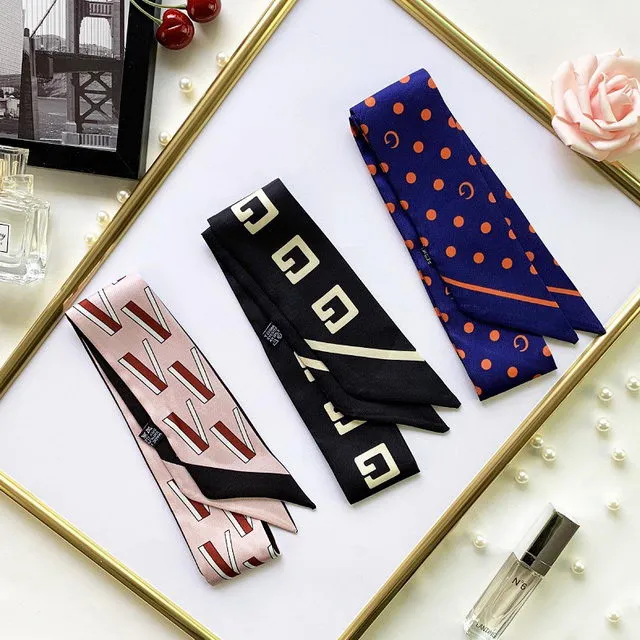 Fashion Letters Silk Scarf New Design Printing Women Head Scarf Small Tie Handle Bag Ribbons Scarf Ladies Silk Scarves