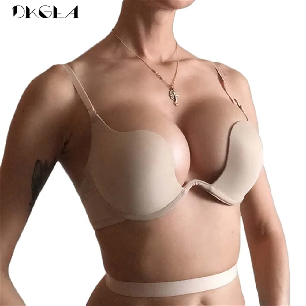 Mode backless bh lnnishible underkläder c d kopp djupt du sexig bh du springa halv kopp brassiere svart kvinnor underkläder push up bras lj200821