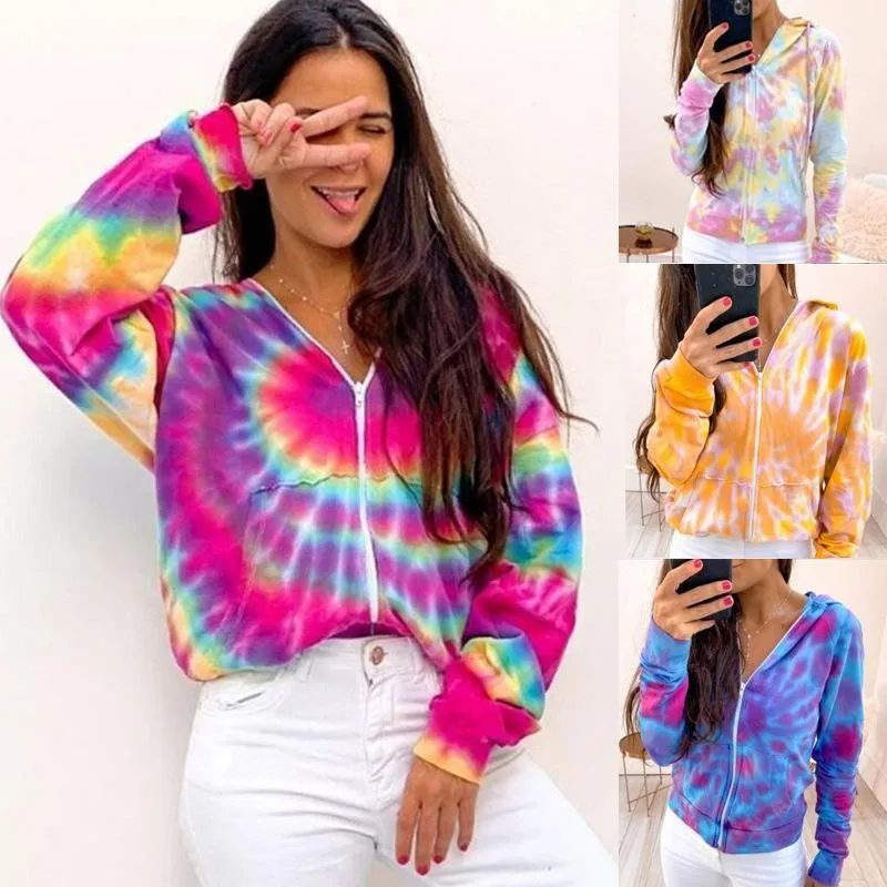 Women Print Jackets 2020 Autumn Spring Colourful Tie Dyeing Hooded Women Jacket Casual Vintage Loose Plus size Female Outwear1