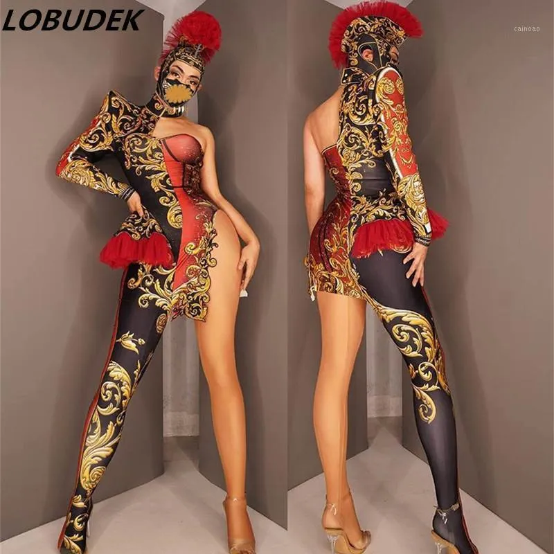 Stage Wear Nightclub Sexy Women Men Team Dance Costume Vintage Print One Shoulder Jumpsuit Headgear Uniform Outfit Cosplay Show Wear1