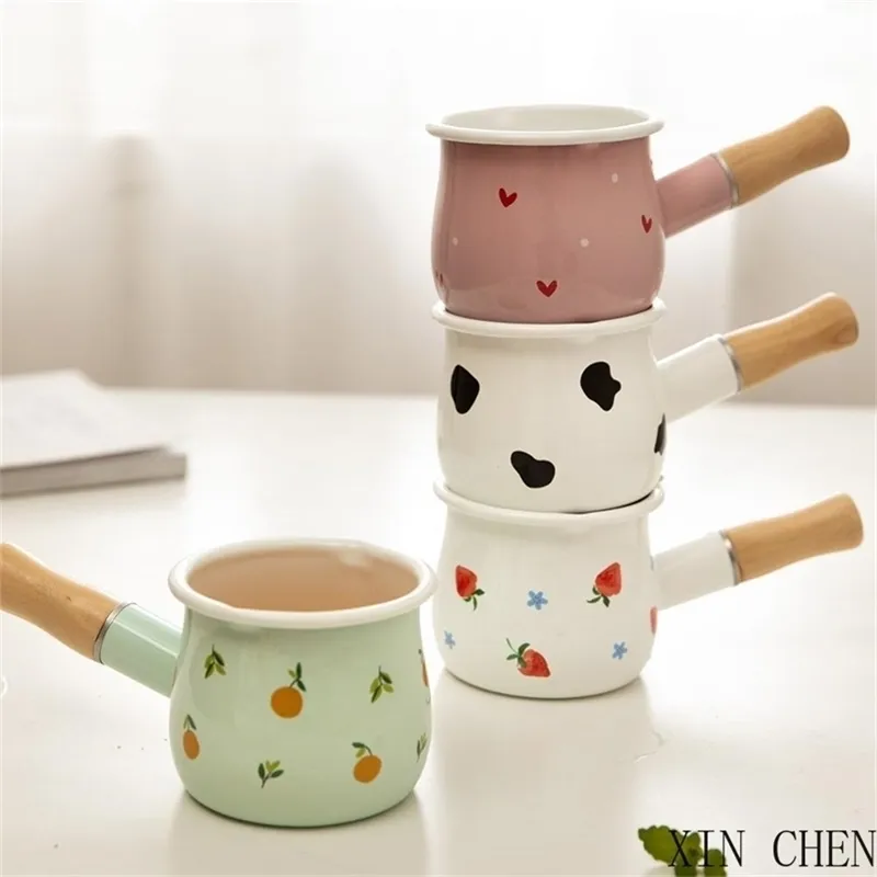 Mini ceramic Enamel Pot With Wooden Handle Gas Stove Induction Cooke Baby Breakfast Milk Coffee saucepan Cookware 201223